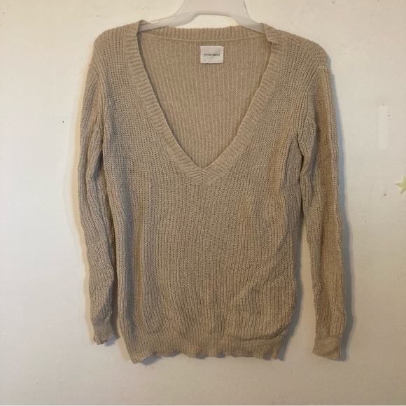 Neutral beige/tan Cotton Candy size M/L deep V neck sweater - Picture 1 of 6